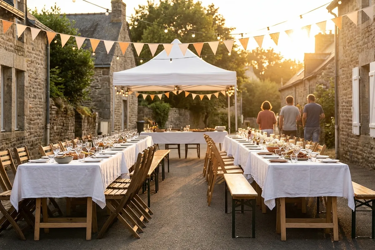 Illustration : tables alignées dans une rue de lotissement avec guirlandes et barnum blanc, fin d'après-midi